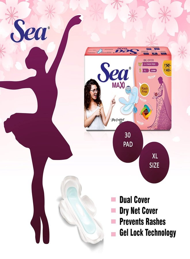 Sea Maxi Cotton Sanitary Pads for Women | Up to 100% Leakage Protection, Locks Odour & Wetness | Ultra Hygiene, Rash Free Cotton Soft | Pack of 30 (30 pcs Maxi XL) - Image 2